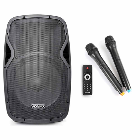 15″ INCH PORTABLE SPEAKER WITH DUAL WIRELESS MICROPHONES -IDEAL FOR SPORTING GROUPS, PRESENTATIONS,