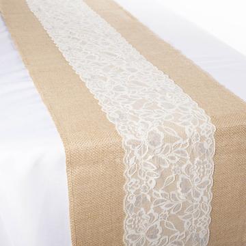 HESSIAN AND LACE TABLE RUNNER (CENTRE LACE) 30CM X 275CM
