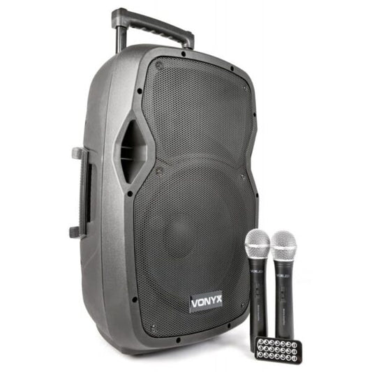 PORTABLE SPEAKER WITH DUAL WIRELESS MICROPHONES -IDEAL FOR SPORTING GROUPS, PRESENTATIONS,