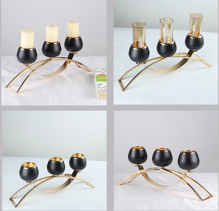 Black And Gold Candelabra W/ Glass Windlights -3 Arm