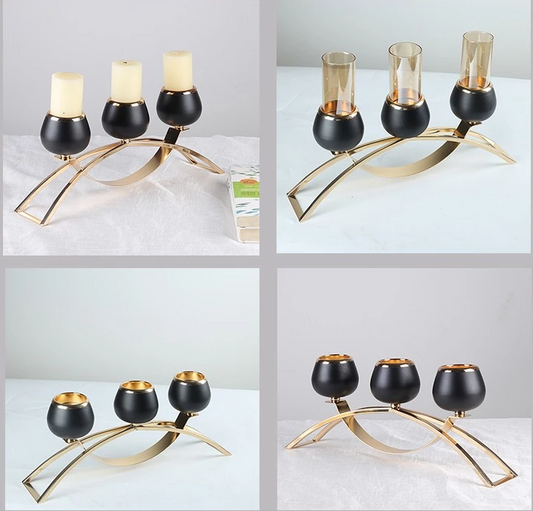 Black And Gold Candelabra W/ Glass Windlights -3 Arm
